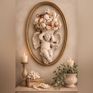 Handmade Cherub Wall Sculpture with Seashell Crown & Vintage Hat Pin 15” Tall